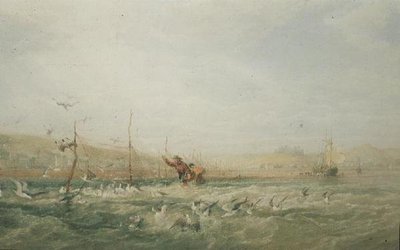 Vissers die Meeuwen van de Netten Verjagen, Mumbles, Zuid-Wales door Edward Duncan