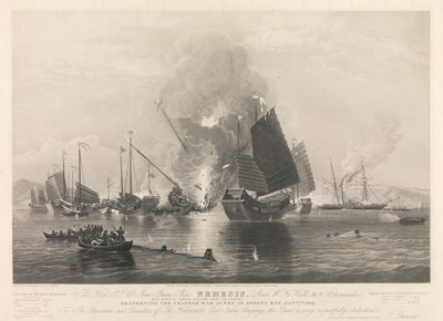 De Hon. E.I. Co. IJzeren Stoomschip Nemesis, ... met boten van Sulphur, Calliope, Larne en Starling, vernietigen de Chinese oorlogsschepen in Anson