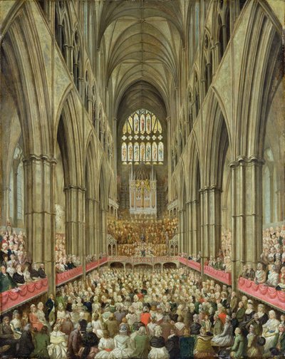 Een interieurzicht van Westminster Abbey tijdens de herdenking van Händel