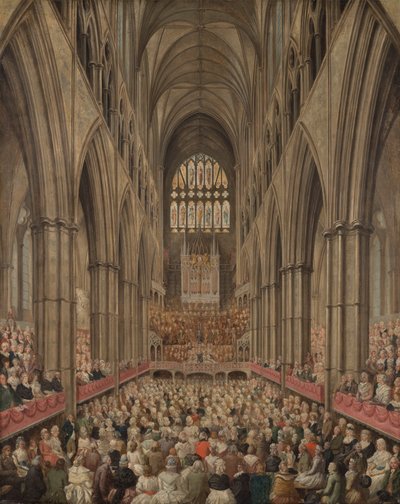 Interieur van Westminster Abbey tijdens de herdenking van Handel, genomen vanuit de manager