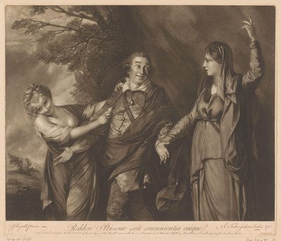 Portret van David Garrick tussen komedie en tragedie door Edward Fisher