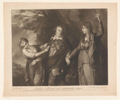 Portret van David Garrick tussen personificaties van komedie en tragedie door Edward Fisher