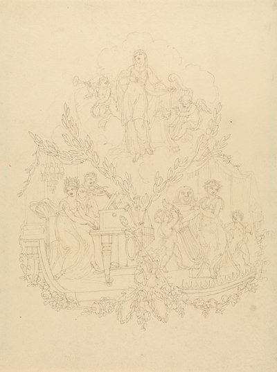 Vrouwelijke figuren en putti die muziekinstrumenten bespelen door Edward Francis Burney