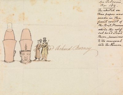 Brief aan ds. Richard Burney met tekening van kolossaal hoofd uit de binnenplaats van het British Museum door Edward Francis Burney