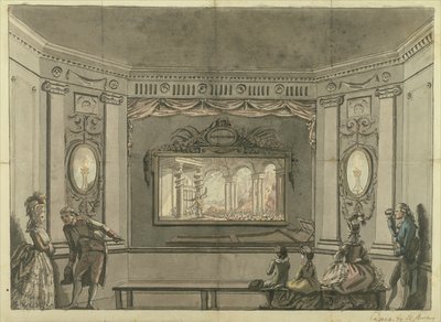 Schilderij van de Loutherbourgs Eido Phusikon met Satan die de rebellerende engelen opwekt door Edward Francis Burney