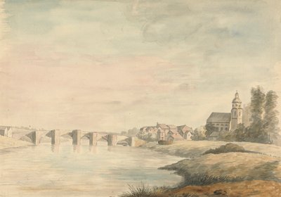 Rivierlandschap met brug door Edward Francis Burney