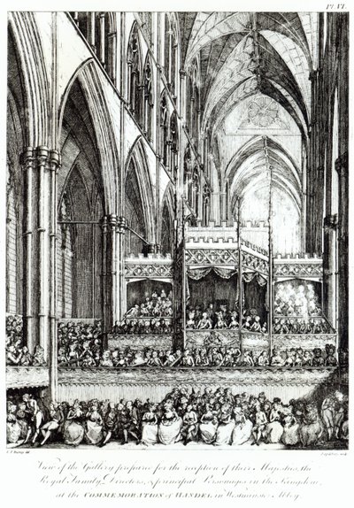 Uitzicht op de galerij voorbereid voor de ontvangst van hun Majesteiten de Koninklijke Familie, Directeuren en voorname personen in het Koninkrijk bij de herdenking van Handel in Westminster Abbey, gegraveerd door Joh door Edward Francis Burney