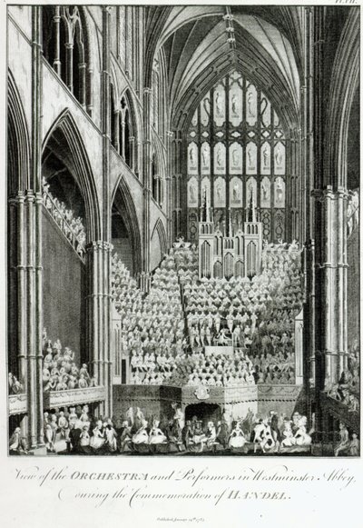 Uitzicht op het Orkest en de Uitvoerders in Westminster Abbey, tijdens de Herdenking van Handel, uitgegeven door Charles Burney, 1785 door Edward Francis Burney