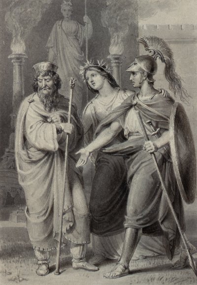 Krijger vergezeld door een vrouw spreekt een Priester aan in de Omgeving van een Tempel door Edward Francis Burney