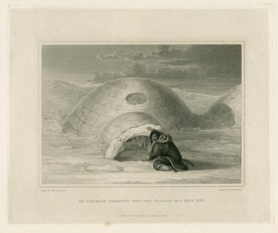 Een Eskimo kruipt in de doorgang van een sneeuwhut door Edward Francis Finden