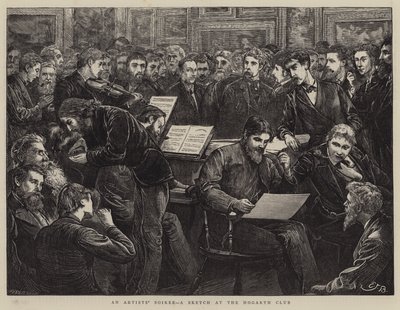 Een kunstenaarssoirée, een schets in de Hogarth Club door Edward Frederick Brewtnall