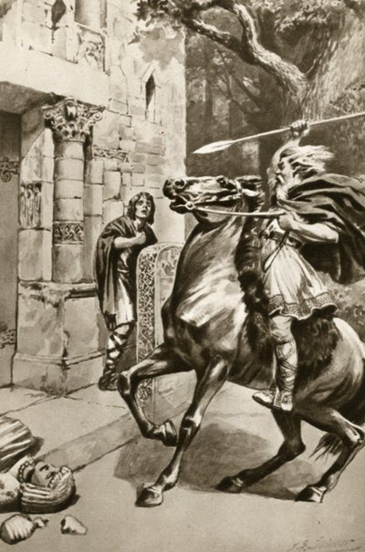 Hogepriester Coifi rijdt Goodmanham Lane op om de afgoden te verpletteren, illustratie uit 