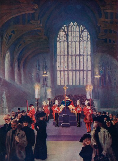 Het eerbetoon van zijn volk: Koning Edwards lijk opgebaard, Westminster Hall, 16-19 mei 1910 door Edward Frederick Skinner