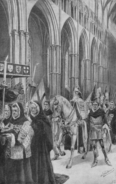 De paarden van koning Hendrik V volgen zijn kist door het schip door Edward Frederick Skinner