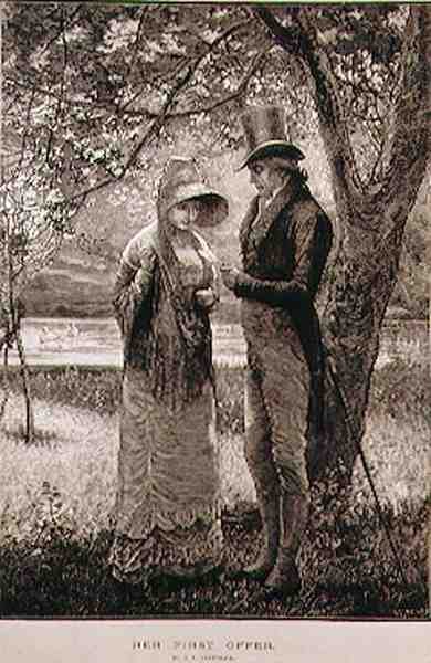 Haar Eerste Aanzoek, gegraveerd door W. I. Mosses, uit The Illustrated London News, 23 juli 1881 door Edward Frederick after Brewtnall