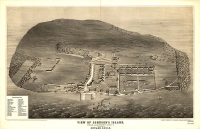 Niet op schaal getekend. LC Civil War Maps (2e ed.), 320 Perspectieftekening met fortificaties, gevangenis, gebouwen en vegetatie. Hoofdgebouwen zijn genummerd volgens een lijst in de linkerbenedenhoek. Beschrijving afgeleid van gepubliceerde bibliografie door Edward Gould