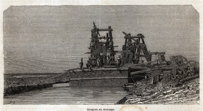 Baggermolens op het Suezkanaal, tekening door Grenet, om een excursie naar het Suezkanaal in 1862 door Paul Merruau te illustreren. Gravure in 
