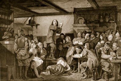 George Fox predikend in een taveerne, c.1650 door Edward Henry Wehnert