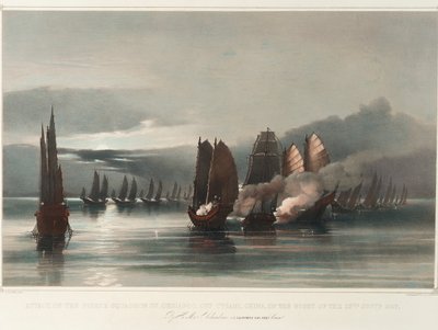 Aanval op het piratensquadron van Chuiapoo, bij Tysami, China, in de nacht van 28 september 1849 door HMS Columbine door Edward Hodges Cree