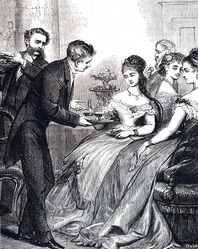 Gravure die een heer toont die een dame een schotel gelei aanbiedt tijdens een diner door Edward Hughes