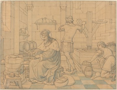 Sint Wenzel bakt hosties terwijl twee jongeren wijn persen door Edward Jakob von Steinle
