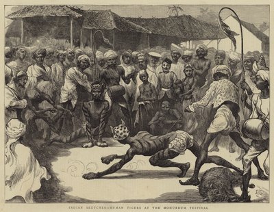 Indiase schetsen, menselijke tijgers op het Mohurrum-festival door Edward John Gregory