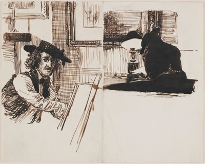 Whistler tekent Poynter, achteraanzicht van een man zittend aan een tafel bij een brandende lamp, 1860 door Edward John Poynter