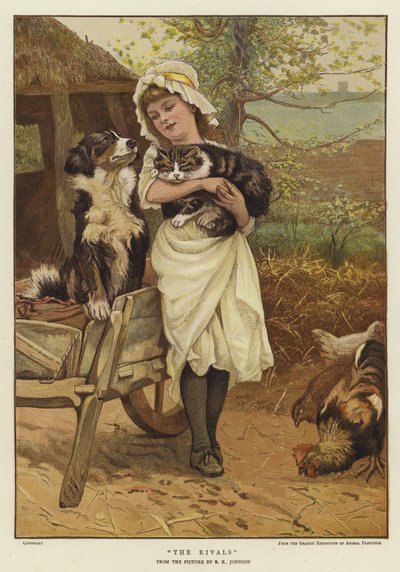 Een jong meisje met een kat in haar armen naast een hond (kleur litho) door Edward Killingworth Johnson