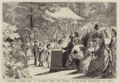 Kinderbloemenshow in Grosvenor House, de hertogin van Westminster deelt de prijzen uit door Edward Killingworth Johnson