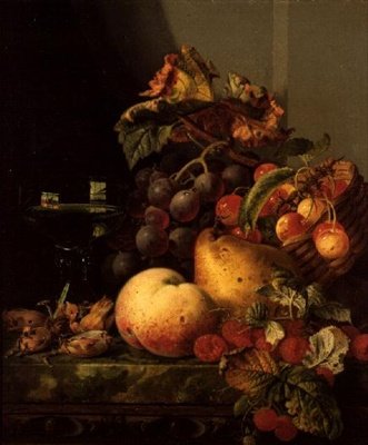 Een stilleven van een glas wijn, kersen en ander fruit op een rand door Edward Ladell