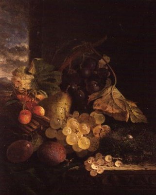 Een stilleven met een mand fruit en een vogelnest op een houten rand door Edward Ladell