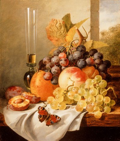 Fruit op een gedrapeerde richel met een rode admiraal door Edward Ladell