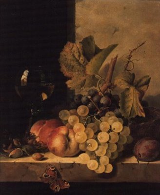Druiven, perziken en een wijnglas op een richel door Edward Ladell