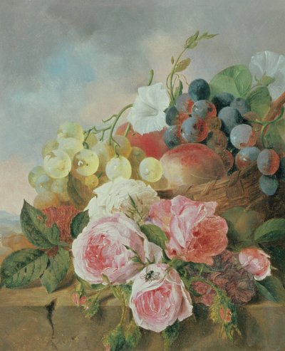 Stilleven van fruit en rozen op een richel door Edward Ladell