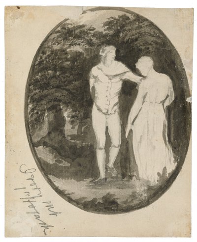 Een paar in een bosrijk landschap in een ovaal door Edward Lear