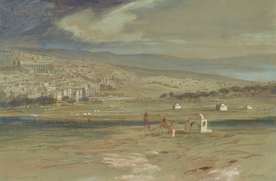 Gezicht op de stad Hebron met kamelen en figuren op de voorgrond door Edward Lear
