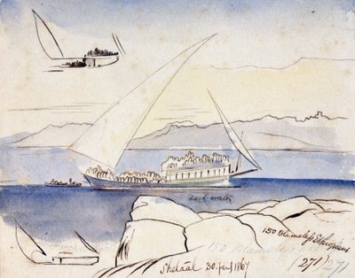Een Egyptische dhow op de Nijl, nabij Shetaal (Egypte). Gekleurde aquareltekening door Edward Lear