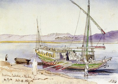 Egyptische boot aangemeerd aan de oever van de Nijl, tussen Daboad en Phila door Edward Lear