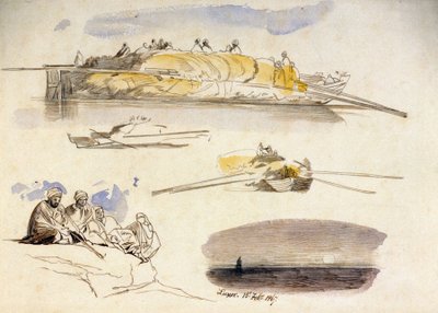 Vijf schetsen van Luxor (Egypte), drie uitzichten van een woonboot geladen met stro, een schets van vijf Egyptenaren zittend en een landschap bij schemering door Edward Lear