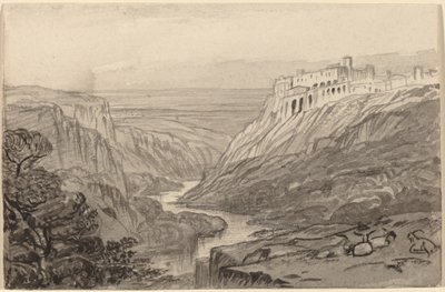 Geiten rustend boven een rivierkloof (Narni, Italië) door Edward Lear