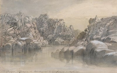 Rivierpas tussen halfdorre rotskliffen door Edward Lear