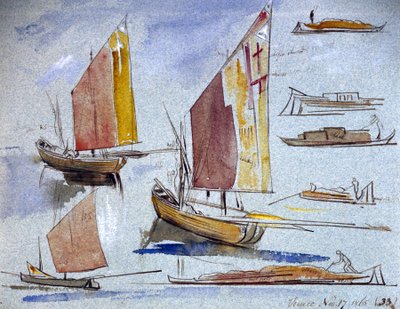 Studies van Venetiaanse boten, met volle zeil en aanlegplaats. Gekleurde aquareltekening, door Edward Lear (1812-1888) door Edward Lear