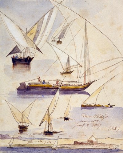 Studies van verschillende Egyptische boten (inclusief dahabeeyahs en gyassis) nabij Deir Kadige (Egypte) weergegeven op een rustige strook en, onderaan de pagina, een uitzicht op de oevers van de Nijl met een moskee door Edward Lear
