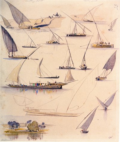 Studies van verschillende Egyptische boten. Gekleurde aquareltekening door Edward Lear