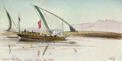 Studie van gyassi (Egyptische boot), op de Nijl bij Ballas (Egypte) door Edward Lear