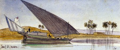 De oevers van de Nijl (Egypte), met een grote gyassi die voorbij vaart. Gekleurde aquareltekening door Edward Lear