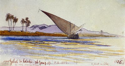 De oevers van de Nijl (Egypte), met palmbomen en gyassi tegenover de oever, nabij Gebel el Silsileh door Edward Lear