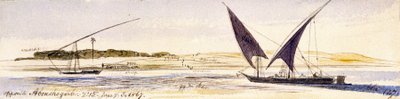 De omvang van de Nijl en zijn oevers, met twee traditionele Egyptische boten, waaronder een Dahabeeya door Edward Lear