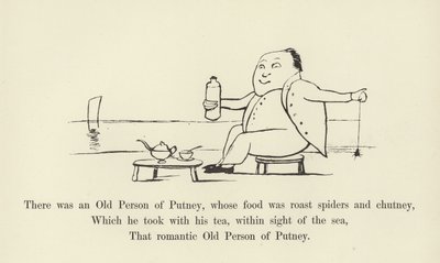 Er was een oude man uit Putney, wiens voedsel geroosterde spinnen en chutney was door Edward Lear