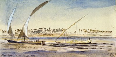 Twee Egyptische boten zeilen op de Nijl, nabij Abu Ajees door Edward Lear